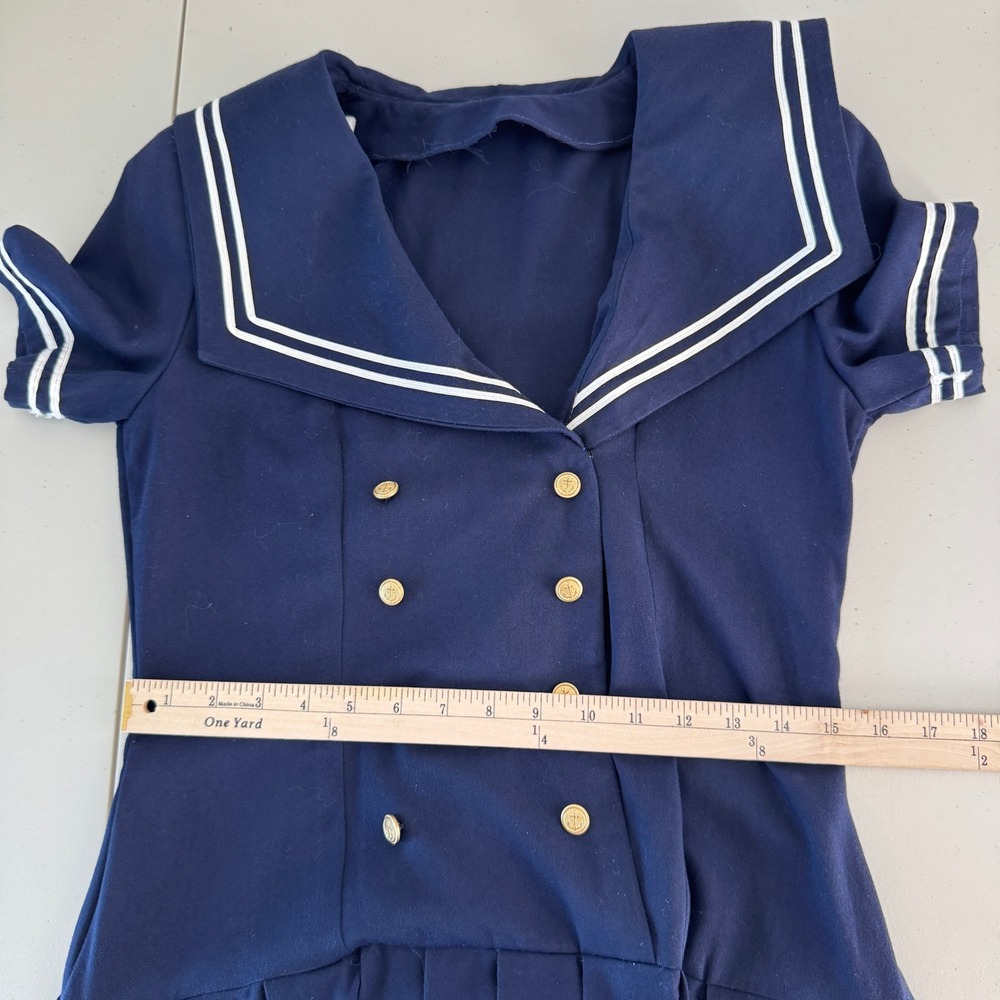 Vintage Handmade Navy Sailor Dress S Nautical Pleated Midi Gold Buttons Preppy - Picture 10 of 13